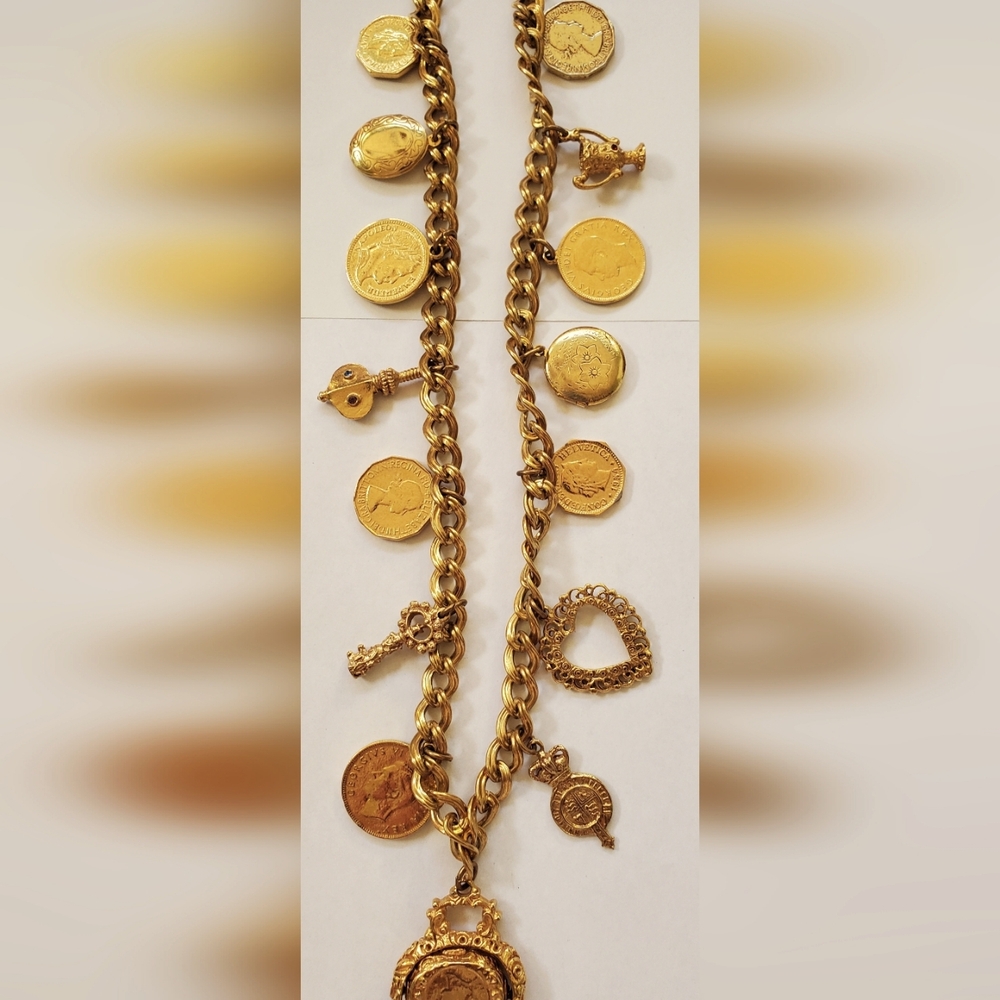 Goldtone Roman Coins & Charms Necklace 16" - Picture 3 of 9